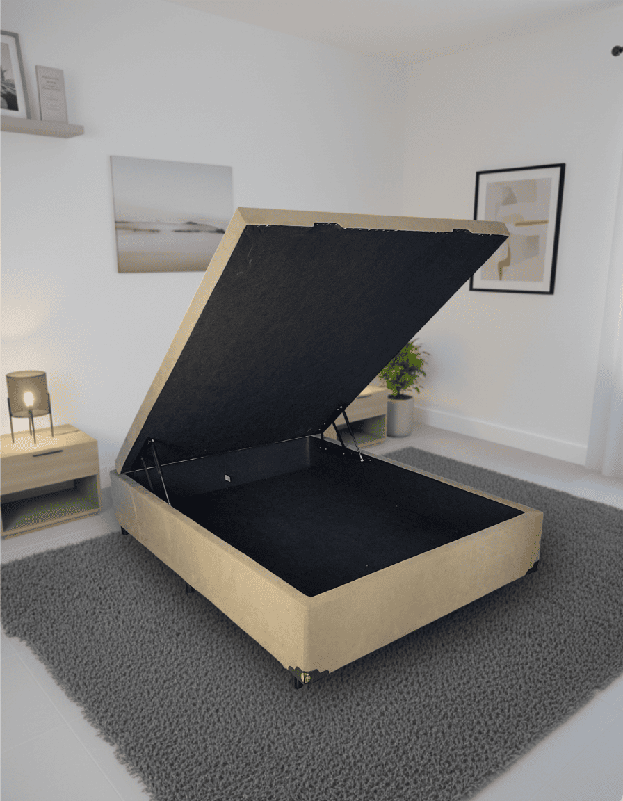 Cama Box Casal Inteiriço em Cava Aberta em um Quarto Moderno